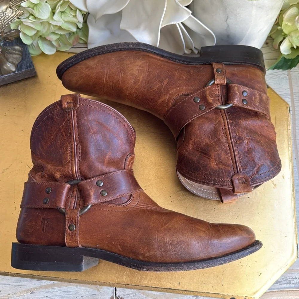 Frye Wyatt Harness Distressed Short Boot in Cognac Leather